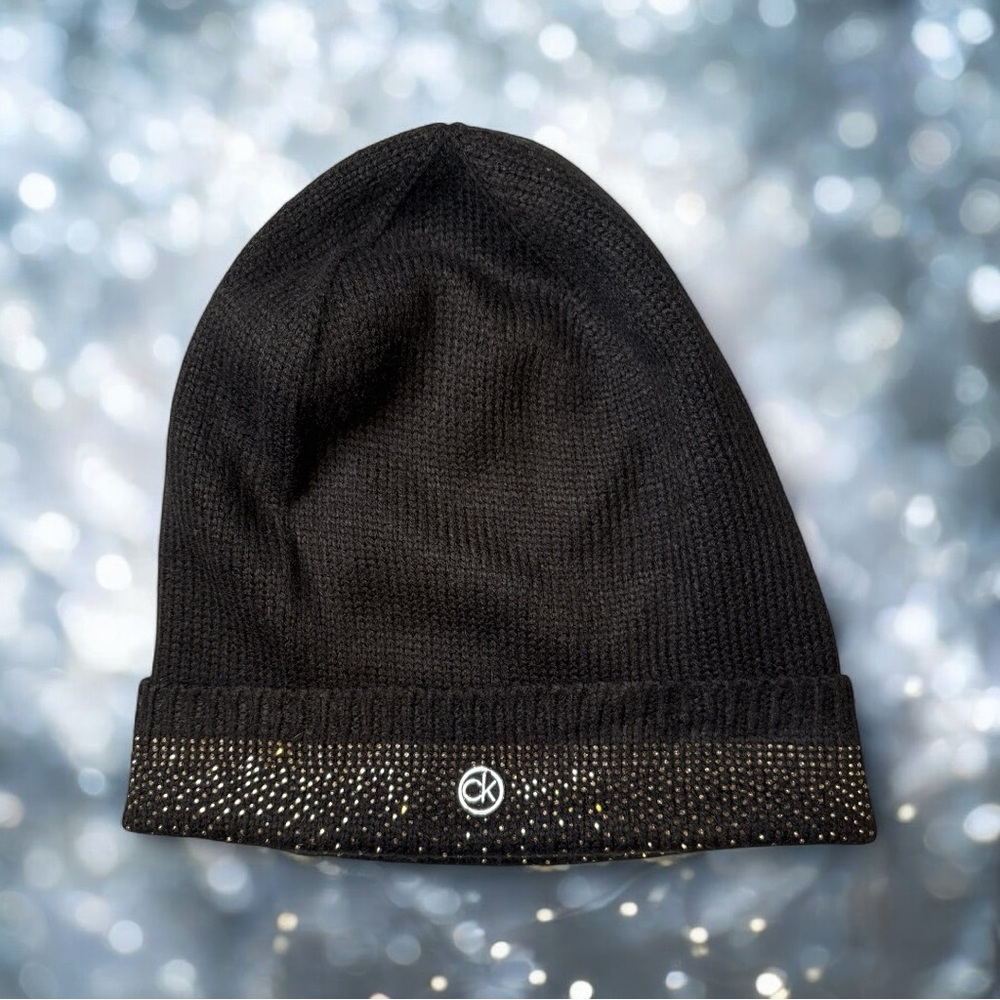 CALVIN KLEIN Black Beanie with Silver Accents for Women. OS